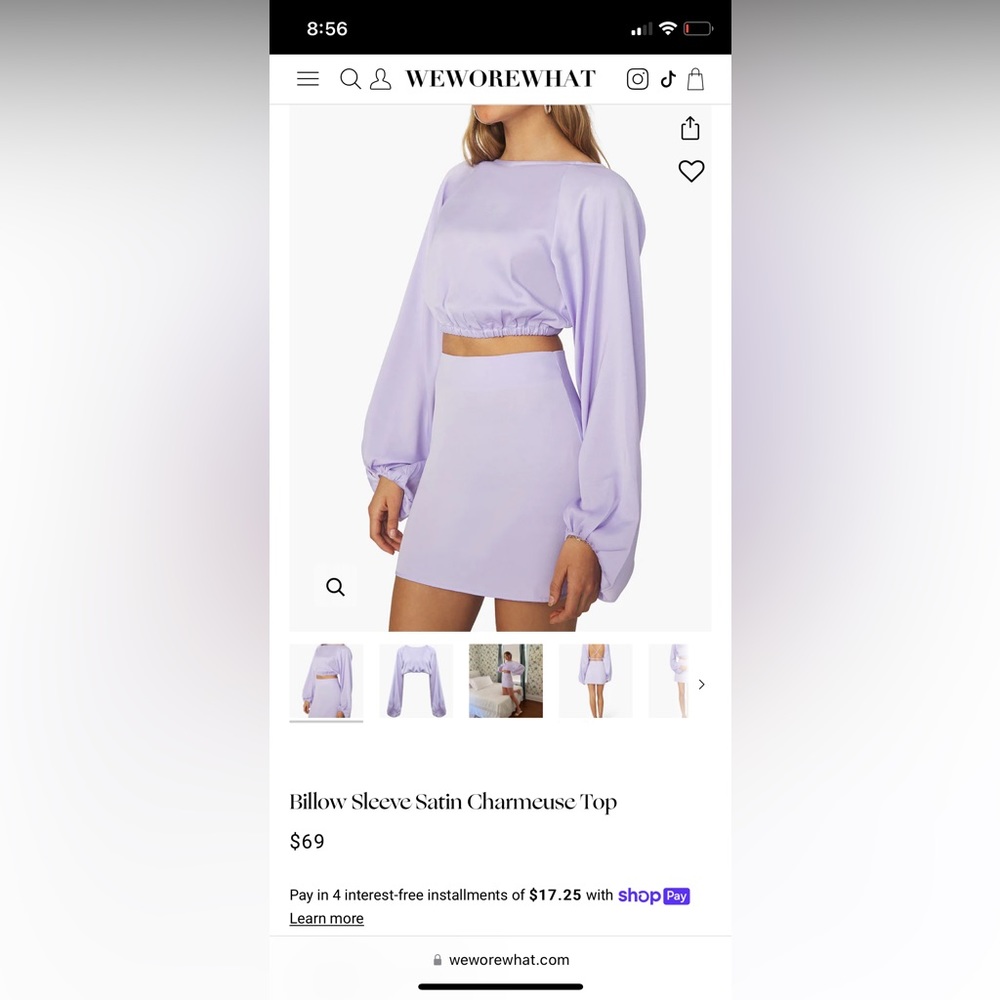 WEWOREWHAT Billow Sleeve Top Satin Charmeuse Heather Purple, Lilac Purple, NWT